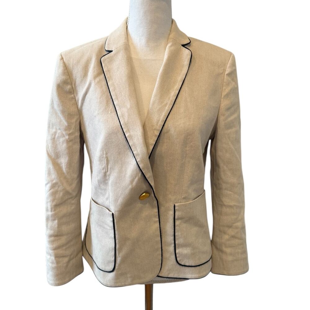 Ann Taylor Linen Blazer Oatmeal Black Piping 10